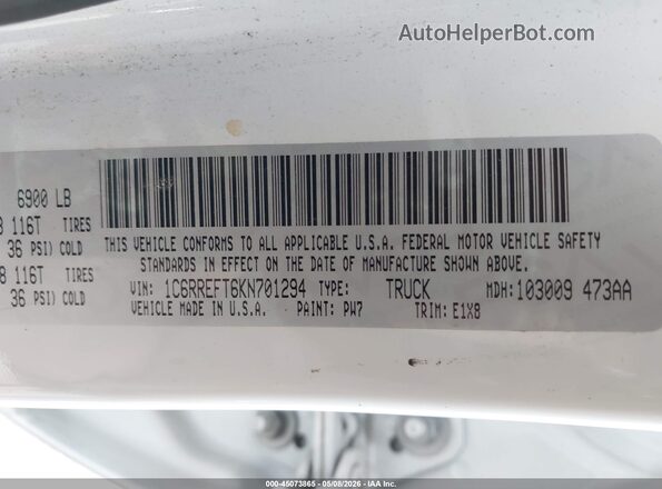 1C6RREFT6KN701294 2019 RAM 1500 White 