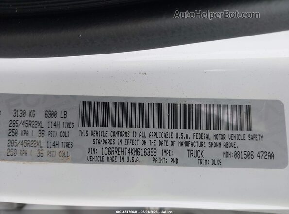 1C6RREHT4KN616399 2019 RAM 1500 White Вид підкапотного простору