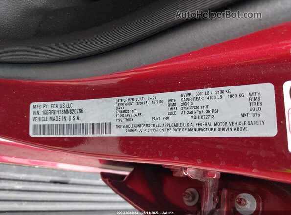 1C6RREHT8MN820786 2021 RAM 1500 Red ძრავის განყოფილების ხედი