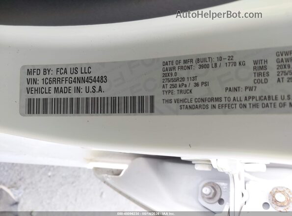 1C6RRFFG4NN454483 2022 RAM 1500 White ძრავის განყოფილების ხედი
