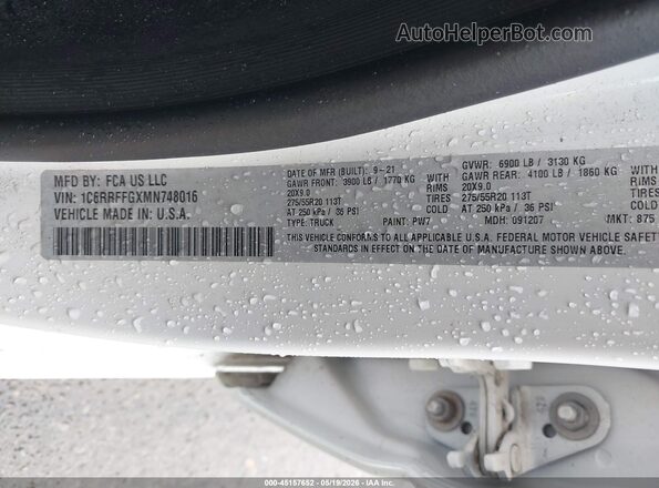 1C6RRFFGXMN748016 2021 RAM 1500 White 