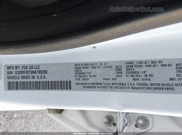 1C6SRFBT3NN195280 2022 RAM 1500 White ძრავის განყოფილების ხედი