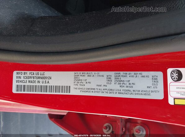 1C6SRFBT6MN809124 2021 RAM 1500 Red Widok komory silnika