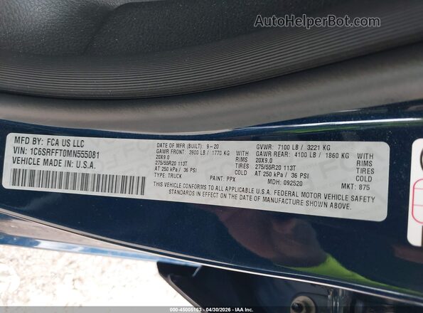 1C6SRFFT0MN555081 2021 RAM 1500 Blue Vista del compartimento del motor