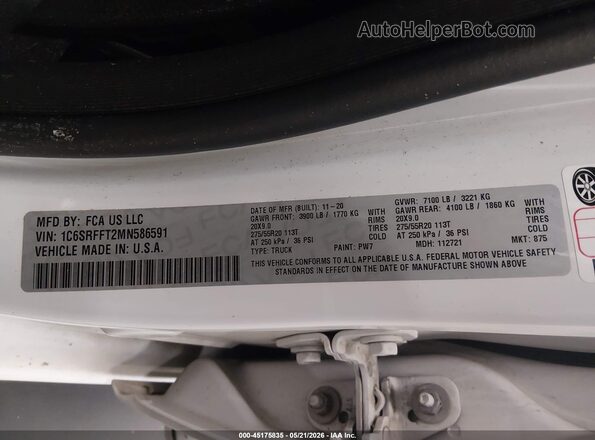 1C6SRFFT2MN586591 2021 RAM 1500 White Vista del compartimento del motor