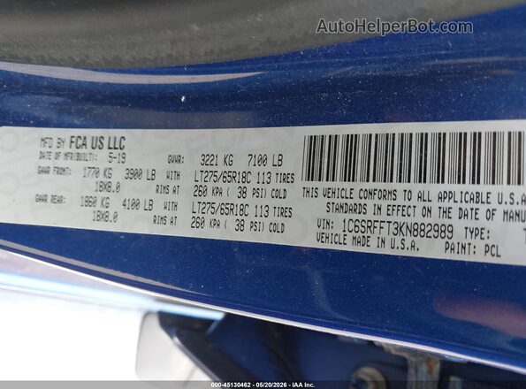 1C6SRFFT3KN882989 2019 RAM 1500 Blue ძრავის განყოფილების ხედი