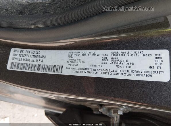 1C6SRFFT7MN591088 2021 RAM 1500 Gray Vista del compartimento del motor