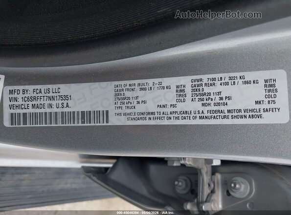 1C6SRFFT7NN175351 2022 RAM 1500 Silver Շարժիչի բաժամունքի տեսք
