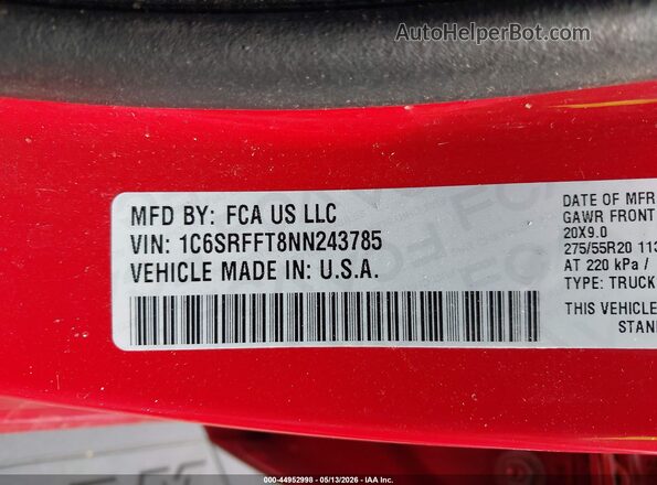 1C6SRFFT8NN243785 2022 RAM 1500 Red 