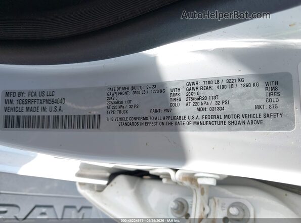 1C6SRFFTXPN594040 2023 RAM 1500 White Շարժիչի բաժամունքի տեսք