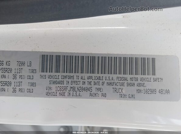 1C6SRFJM8LN204045 2020 RAM 1500 White Vista del compartimento del motor