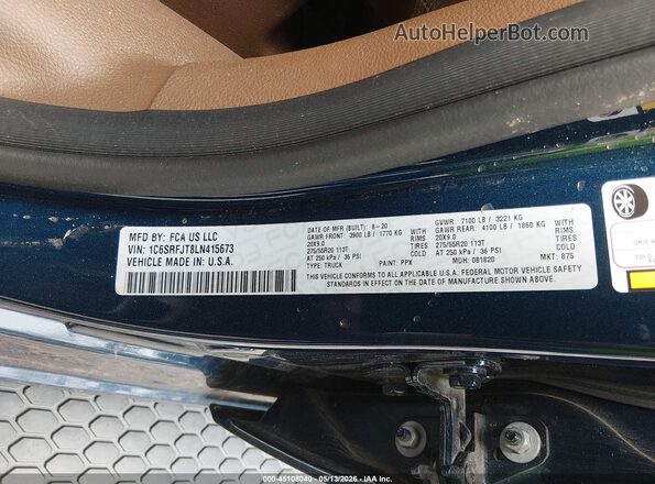 1C6SRFJT8LN415673 2020 RAM 1500 Blue Vista del compartimento del motor