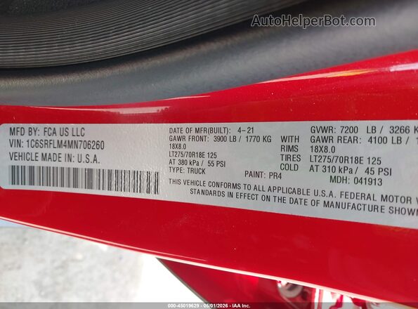 1C6SRFLM4MN706260 2021 RAM 1500 Red Vista del compartimento del motor