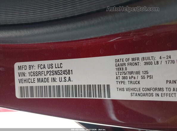 1C6SRFLP2SN524581 2025 RAM 1500 Burgundy Vista del compartimento del motor