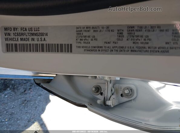 1C6SRFLT2MN520014 2021 RAM 1500 White ძრავის განყოფილების ხედი