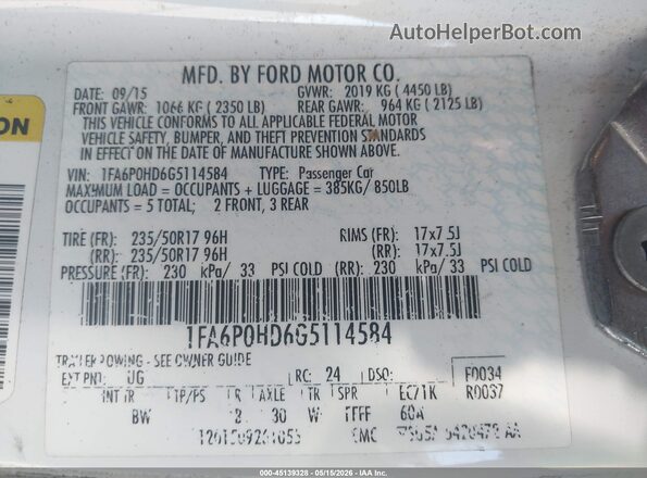 1FA6P0HD6G5114584 2016 FORD FUSION White 