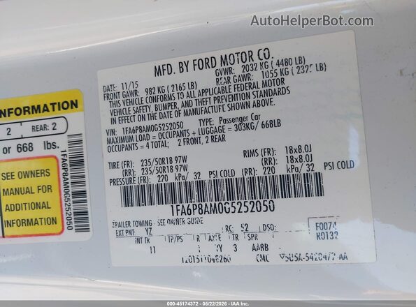 1FA6P8AM0G5252050 2016 FORD MUSTANG White Engine compartment view