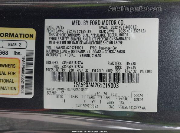 1FA6P8AM2G5219003 2016 FORD MUSTANG Gray Vista del compartimento del motor