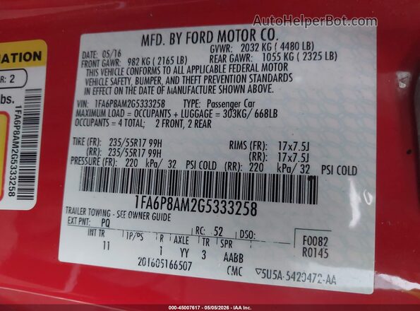 1FA6P8AM2G5333258 2016 FORD MUSTANG Red Engine compartment view