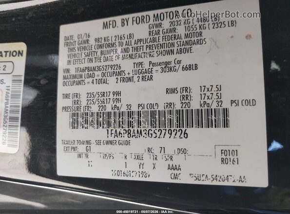 1FA6P8AM3G5279226 2016 FORD MUSTANG Black Widok komory silnika