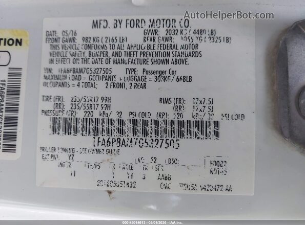 1FA6P8AM7G5327505 2016 FORD MUSTANG White Շարժիչի բաժամունքի տեսք
