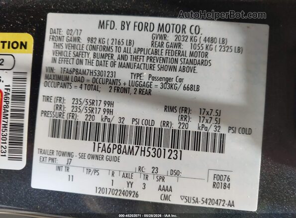 1FA6P8AM7H5301231 2017 FORD MUSTANG Серый 