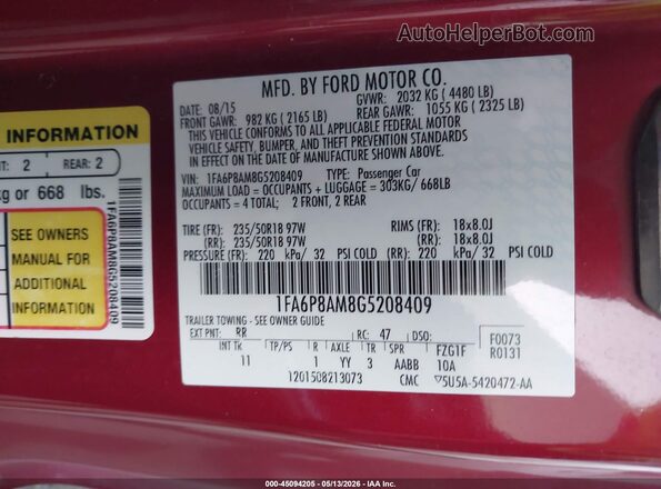 1FA6P8AM8G5208409 2016 FORD MUSTANG Red Vista del compartimento del motor