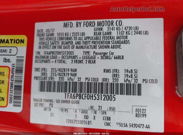 1FA6P8CF0H5312005 2017 FORD MUSTANG Красный Вид подкапотного пространства