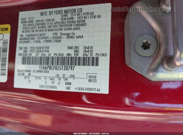 1FA6P8CF0J5120797 2018 FORD MUSTANG Burgundy Вид підкапотного простору