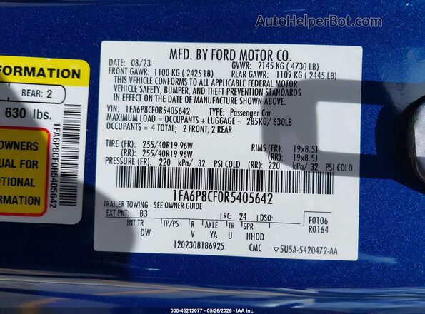 1FA6P8CF0R5405642 2024 FORD MUSTANG Blue Вид підкапотного простору