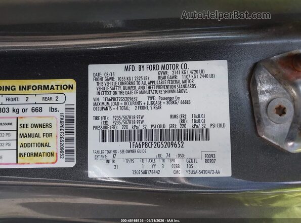 1FA6P8CF2G5209652 2016 FORD MUSTANG Gray Вид підкапотного простору