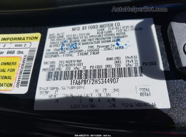 1FA6P8CF2H5344907 2017 FORD MUSTANG Black Vista del compartimento del motor