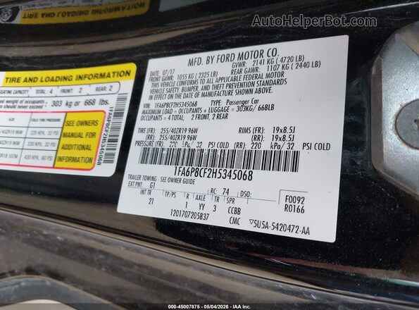 1FA6P8CF2H5345068 2017 FORD MUSTANG Black 