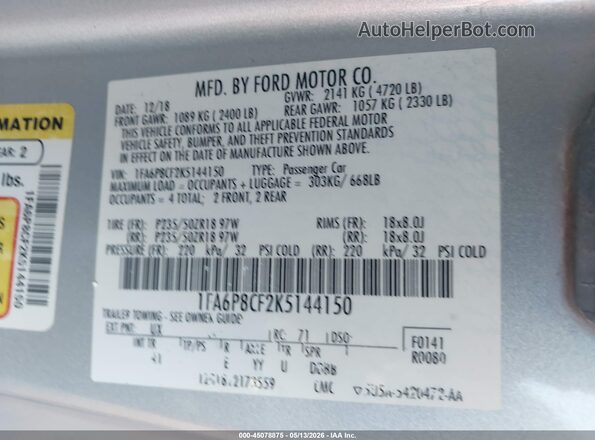 1FA6P8CF2K5144150 2019 FORD MUSTANG Silver ძრავის განყოფილების ხედი