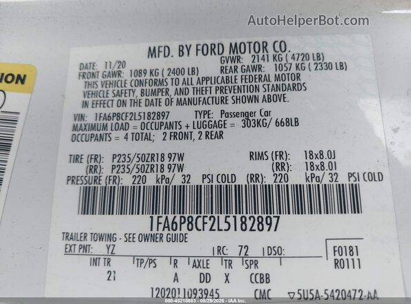 1FA6P8CF2L5182897 2020 FORD MUSTANG White Vista del compartimento del motor