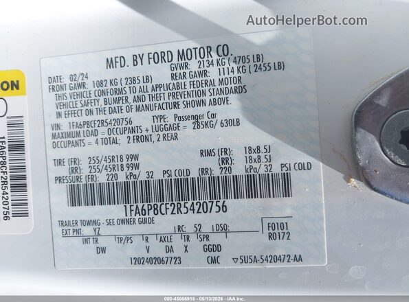 1FA6P8CF2R5420756 2024 FORD MUSTANG White Engine compartment view