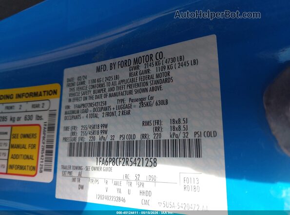 1FA6P8CF2R5421258 2024 FORD MUSTANG Blue ძრავის განყოფილების ხედი