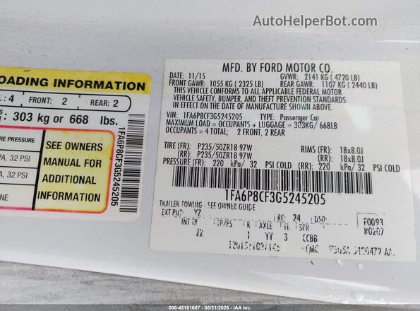 1FA6P8CF3G5245205 2016 FORD MUSTANG White Вид підкапотного простору