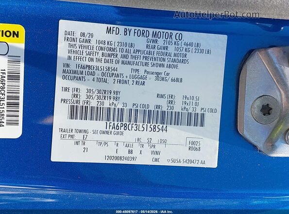 1FA6P8CF3L5158544 2020 FORD MUSTANG Blue Շարժիչի բաժամունքի տեսք