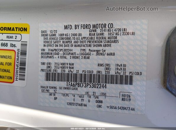 1FA6P8CF3P5302244 2023 FORD MUSTANG White 