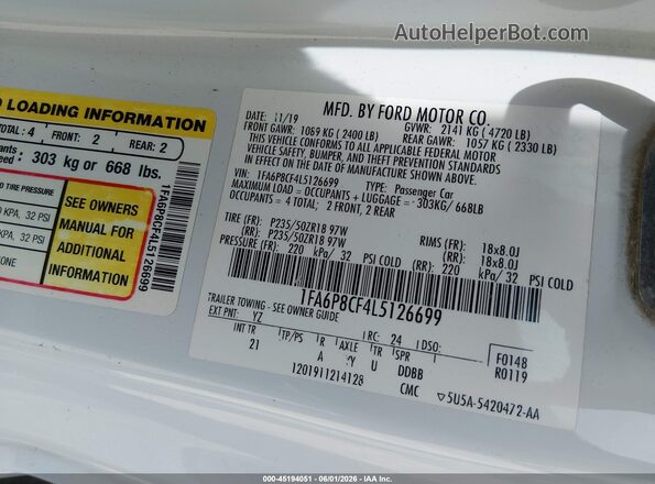 1FA6P8CF4L5126699 2020 FORD MUSTANG White Շարժիչի բաժամունքի տեսք