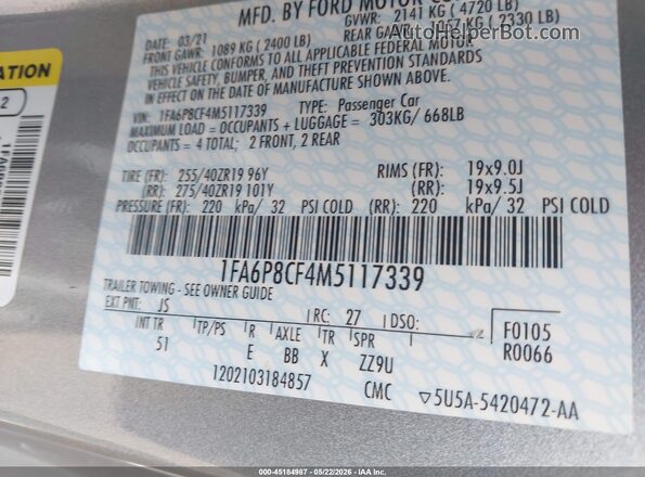 1FA6P8CF4M5117339 2021 FORD MUSTANG Silver Շարժիչի բաժամունքի տեսք
