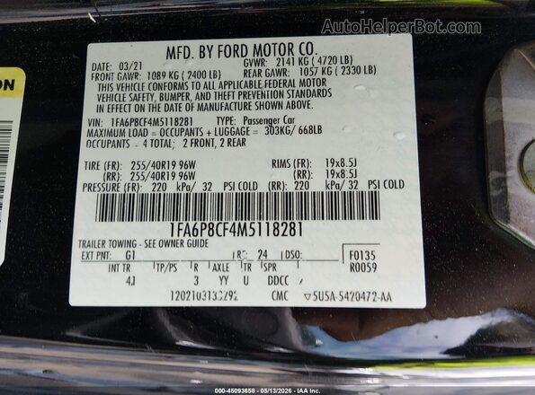 1FA6P8CF4M5118281 2021 FORD MUSTANG Black Շարժիչի բաժամունքի տեսք