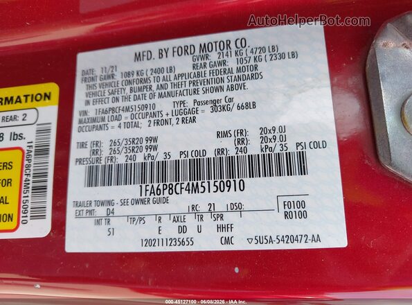 1FA6P8CF4M5150910 2021 FORD MUSTANG Burgundy Widok komory silnika