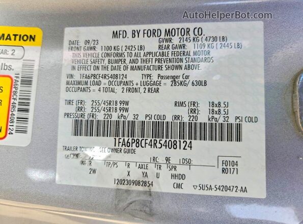 1FA6P8CF4R5408124 2024 FORD MUSTANG Silver Widok komory silnika