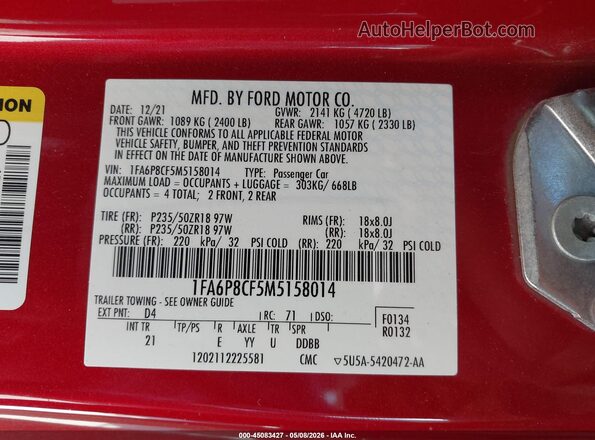 1FA6P8CF5M5158014 2021 FORD MUSTANG Red 