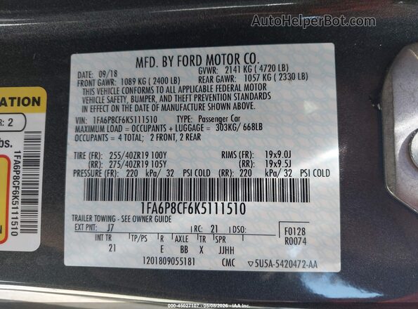 1FA6P8CF6K5111510 2019 FORD MUSTANG Gray Engine compartment view