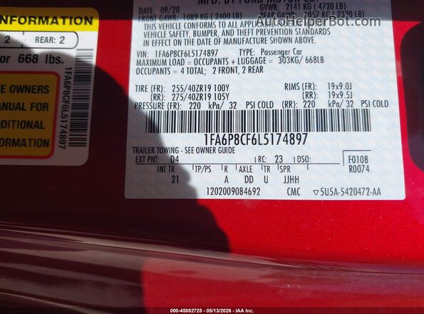 1FA6P8CF6L5174897 2020 FORD MUSTANG Red Engine compartment view
