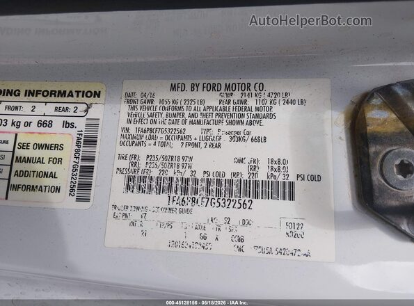 1FA6P8CF7G5322562 2016 FORD MUSTANG White Engine compartment view