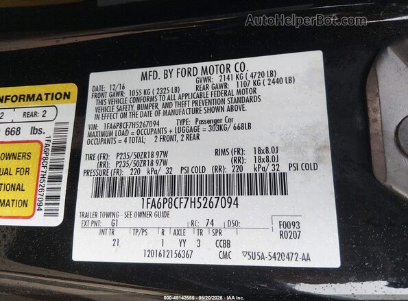 1FA6P8CF7H5267094 2017 FORD MUSTANG Black Շարժիչի բաժամունքի տեսք